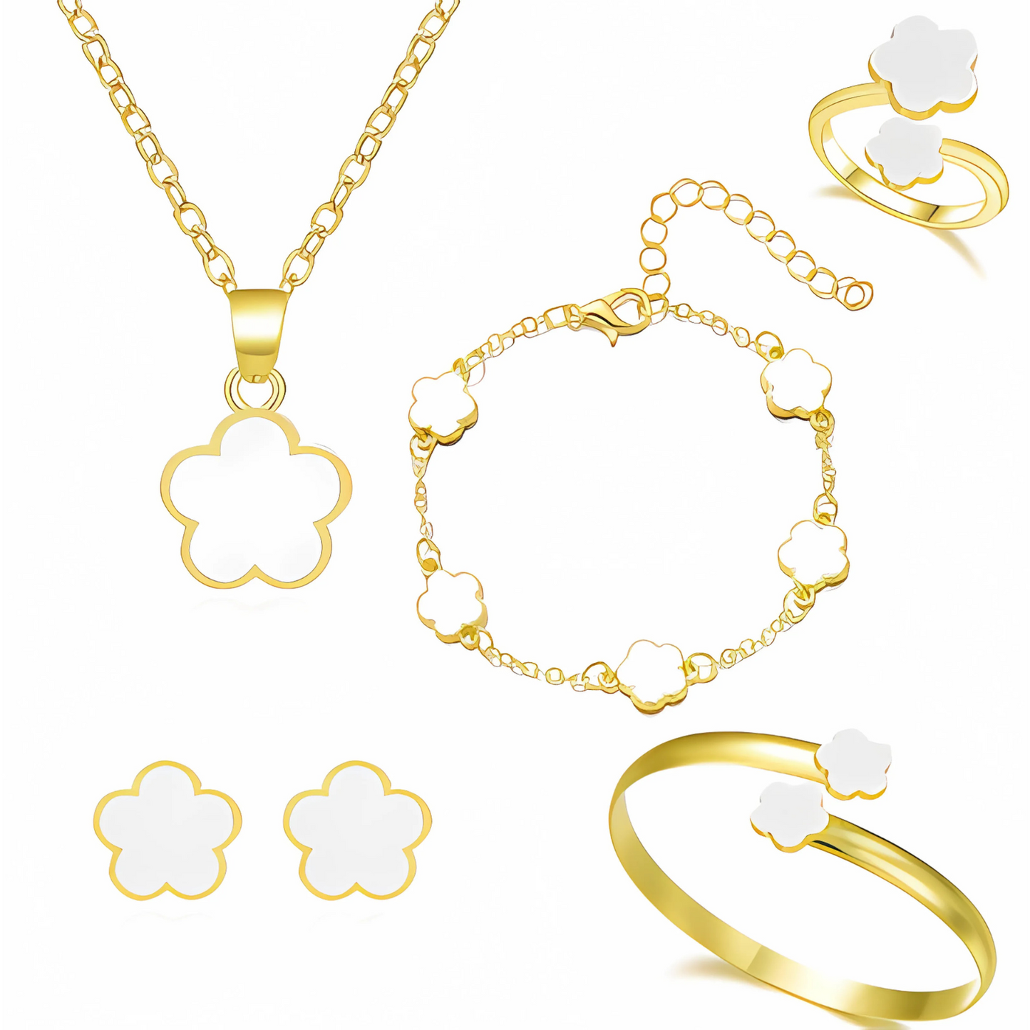 Golden Clover - Elegante conjunto completo de joyas en forma de trébol chapados en oro - Ajustable