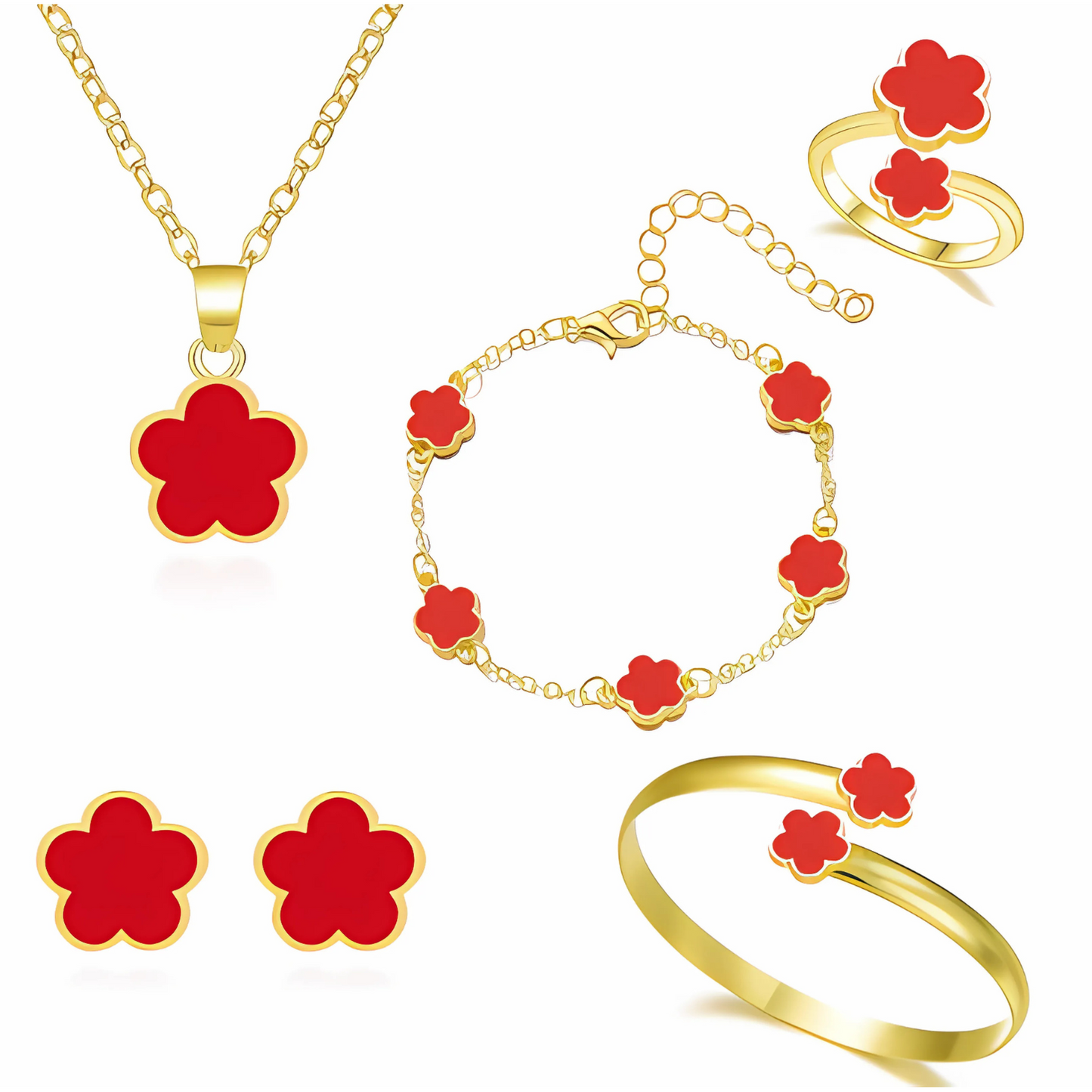 Golden Clover - Elegante conjunto completo de joyas en forma de trébol chapados en oro - Ajustable
