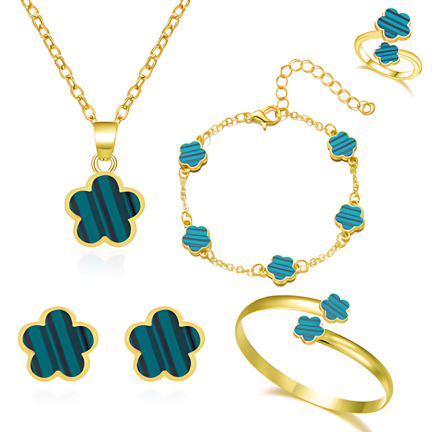 Golden Clover - Elegante conjunto completo de joyas en forma de trébol chapados en oro - Ajustable