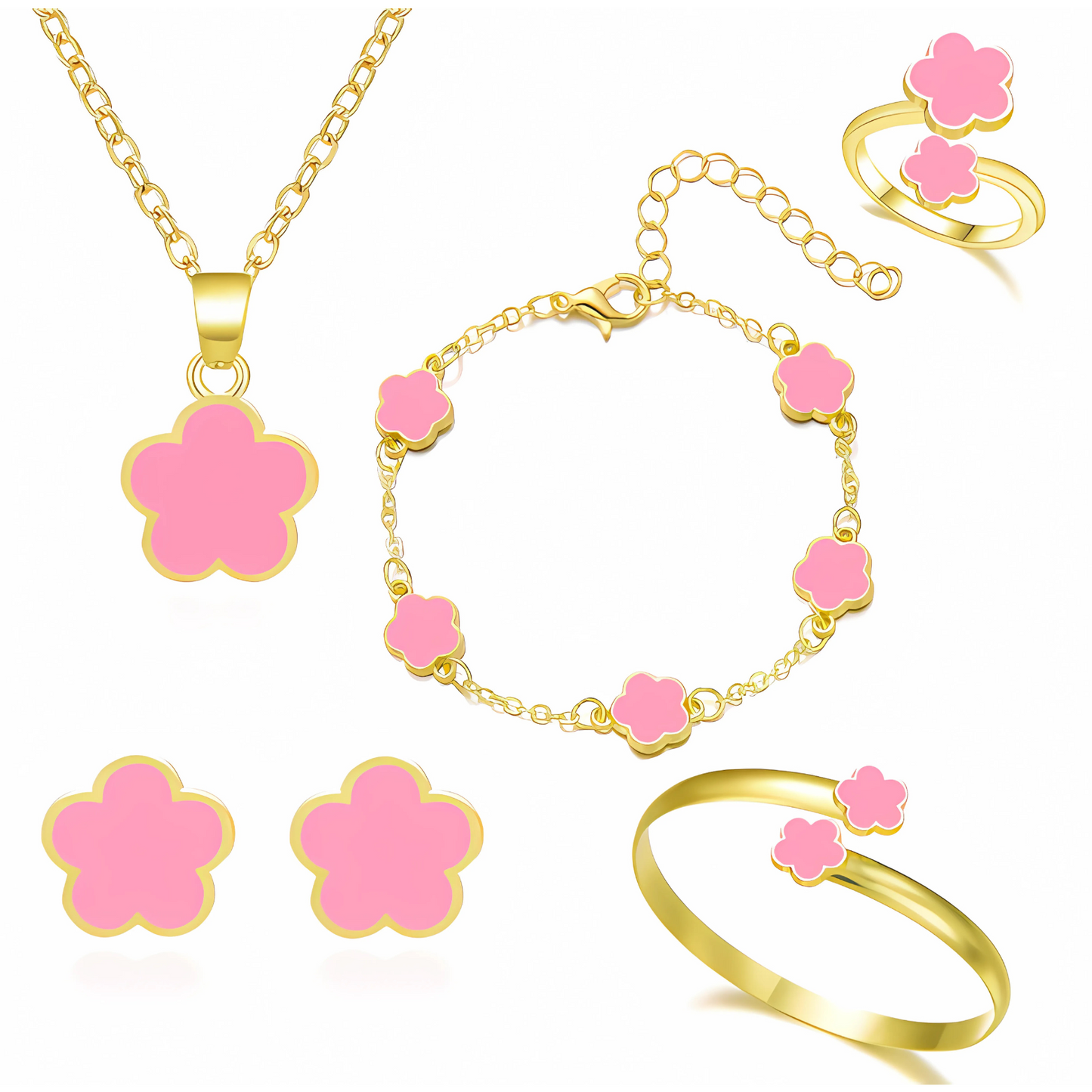 Golden Clover - Elegante conjunto completo de joyas en forma de trébol chapados en oro - Ajustable