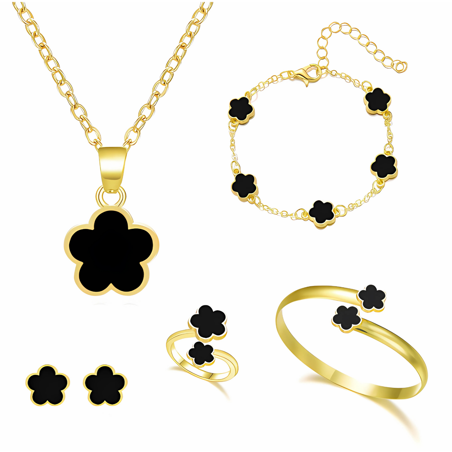 Golden Clover - Elegante conjunto completo de joyas en forma de trébol chapados en oro - Ajustable